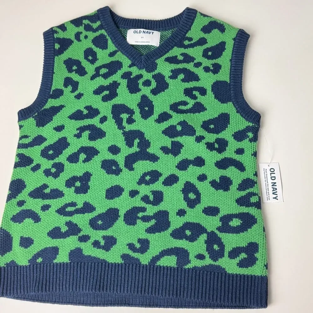 Old Navy Green and Blue Leopard Print Sweater Vest Sz 5T New With Tags